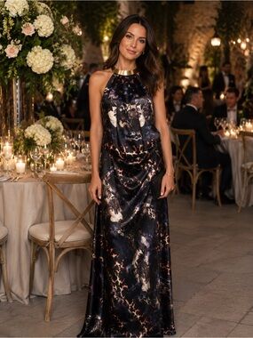 Marciano Black Metallic Halter Maxi Dress with Gold Collar